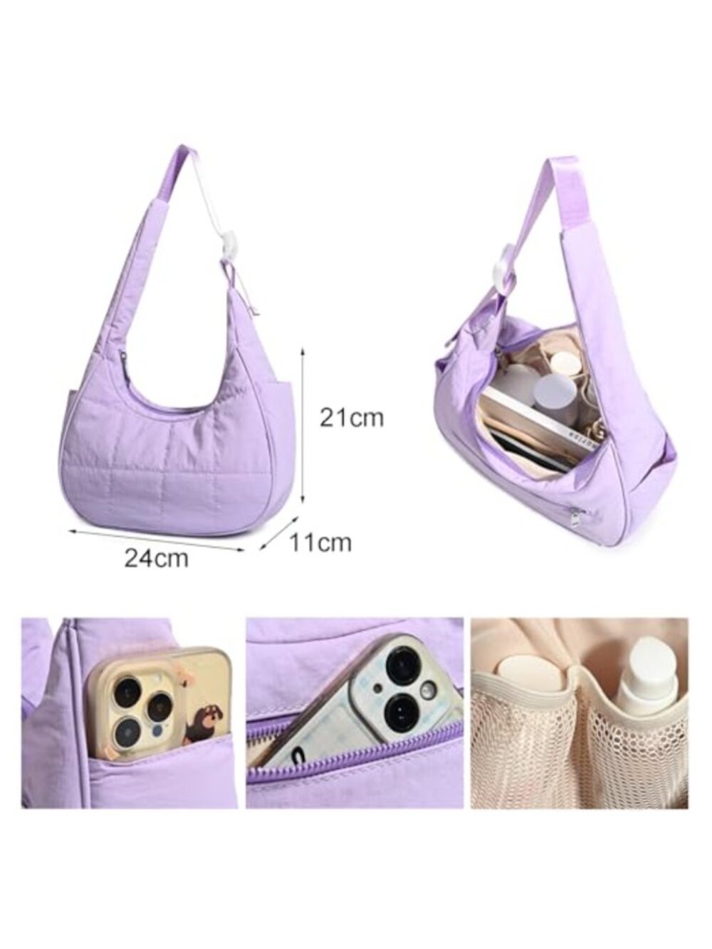 Quilted Nylon Crescent Hobo Shoulder Bag Women's Waterproof Purse - Picture 4 of 5